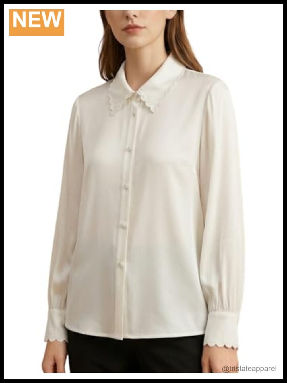 Silk Blouse Long Sleeve Button Down Scalloped Peter Pan Collar Shirt Women Work